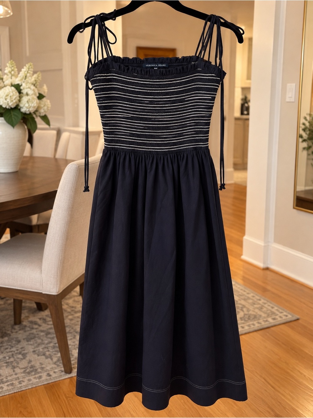 Veronica Beard Navy Blue Smocked Bodice Midi Dress with Striped Detail